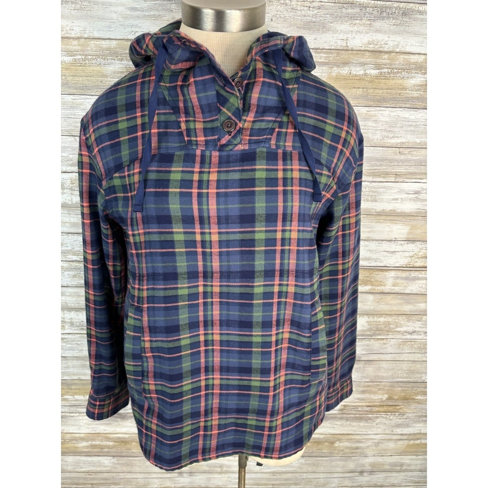 Marmot Hooded Shirt S Blue Plaid Flannel Pullover Hoodie Outdoor Hiking